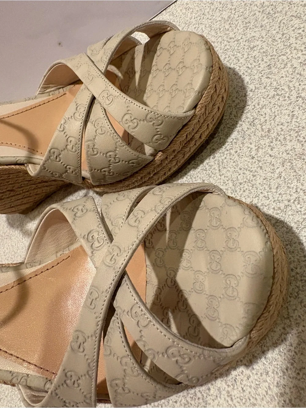 Gucci Beige GG Monogram Espadrille Wedge Sandals Penelope 41.5/11.5 New